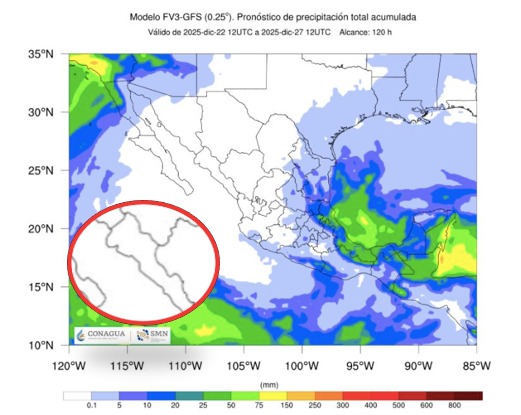 Imagen satelital de México que representa lluvias con colores verdes y azules que indica pronóstico de precipitaciones