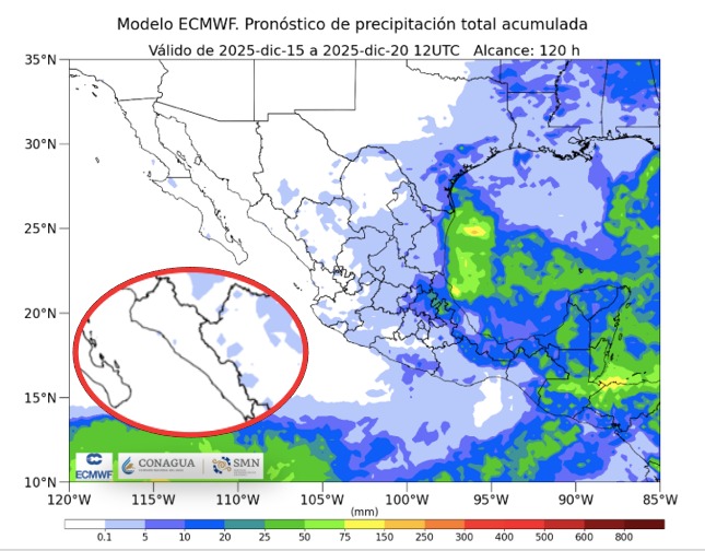 Imagen satelital de México que representa lluvias con colores verdes y azules que indica pronóstico de precipitaciones