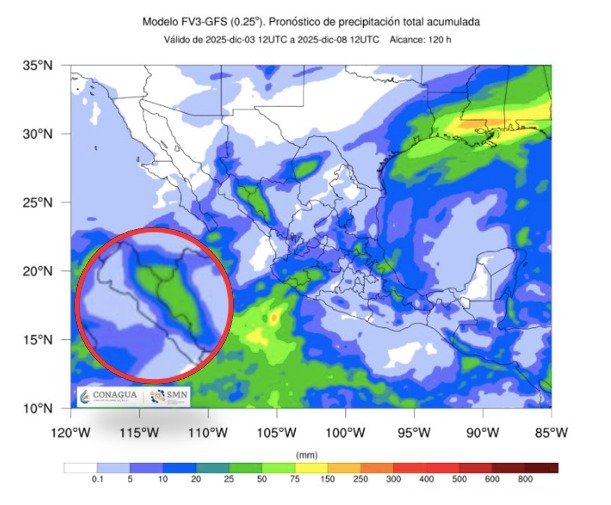 Imagen satelital de México que representa lluvias con colores verdes y azules que indica pronóstico de precipitaciones
