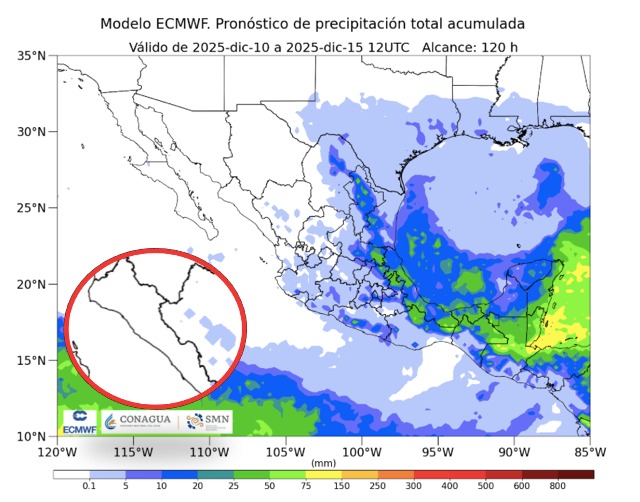 Imagen satelital de México que representa lluvias con colores verdes y azules que indica pronóstico de precipitaciones