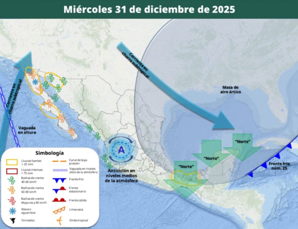 Mapa satelital de México con flechas indicando la probabilidad de tormentas