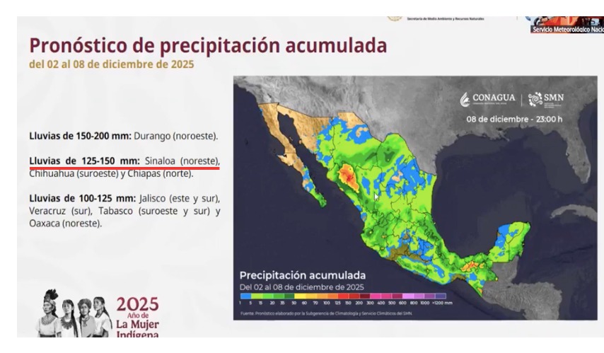 Imagen satelital de México donde se representa el pronóstico de precipitaciones acumuladas