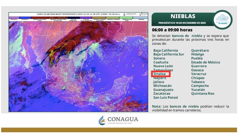 Imagen satelital de México en colores rosa, morado y rojo indicando bancos de niebla