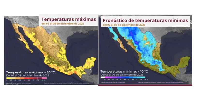 Imagen satelital de México indicando las temperaturas máximas y mínimas en colores amarillo y azul respectivamente