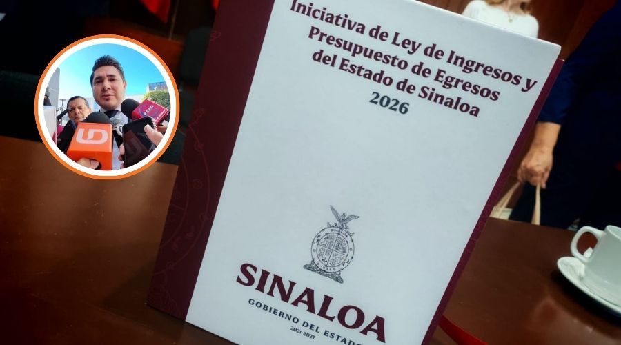 Libro de propuesta de presupuesto y en un círculo una persona hablando frente a un micrófono