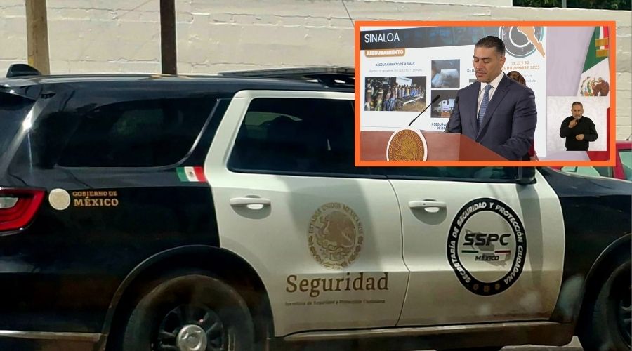 Camioneta de la SSPC y Omar García Harfcuh en la mañanera
