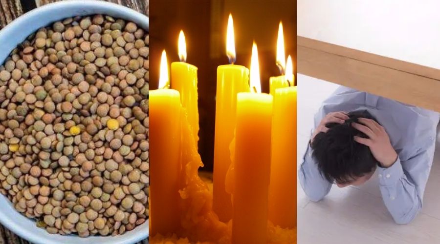 Plato con lentejas, veladoras encendidas y una persona debajo de una mesa