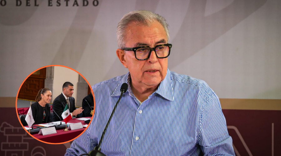 Rubén Rocha Moya al fondo y en un círculo Sheinbaum y Harfuch