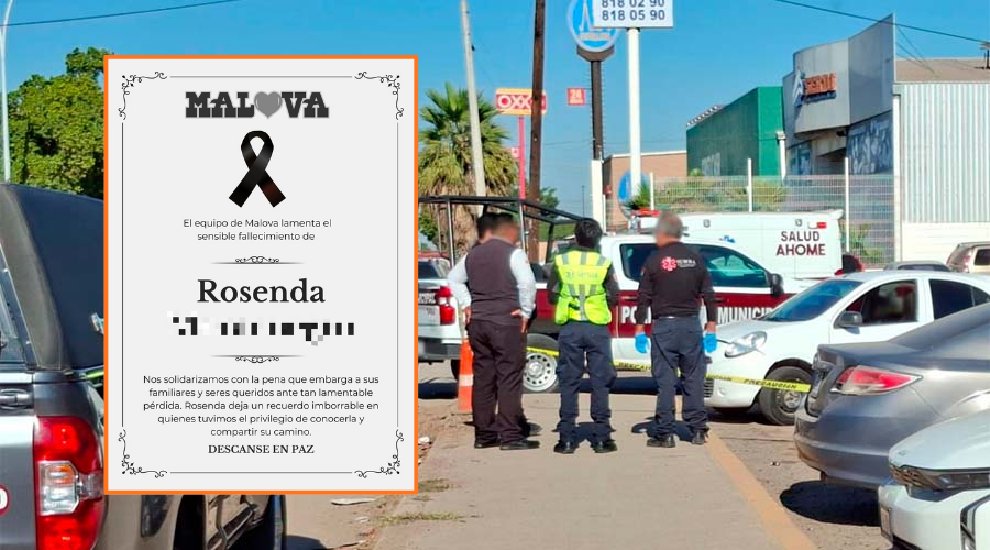 Mensaje de Ferretería Malova y al fondo el lugar del asesinato
