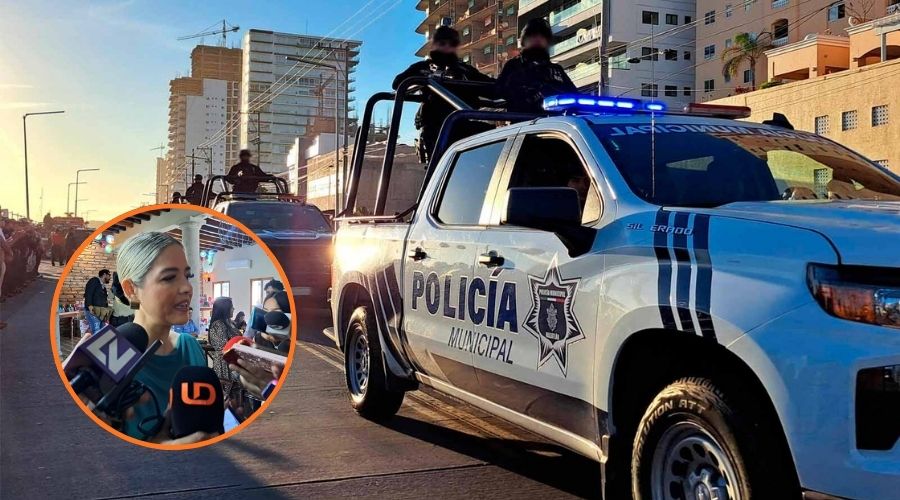 Unidades policiacas en Mazatlán y en un círculo una persona con micrófonos