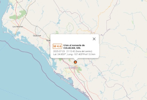 Imagen satelital de Sinaloa indicando el lugar del sismo