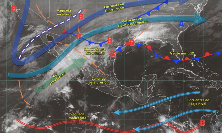 Imagen satelital de México indicando los sistemas meteorológicos activos en México