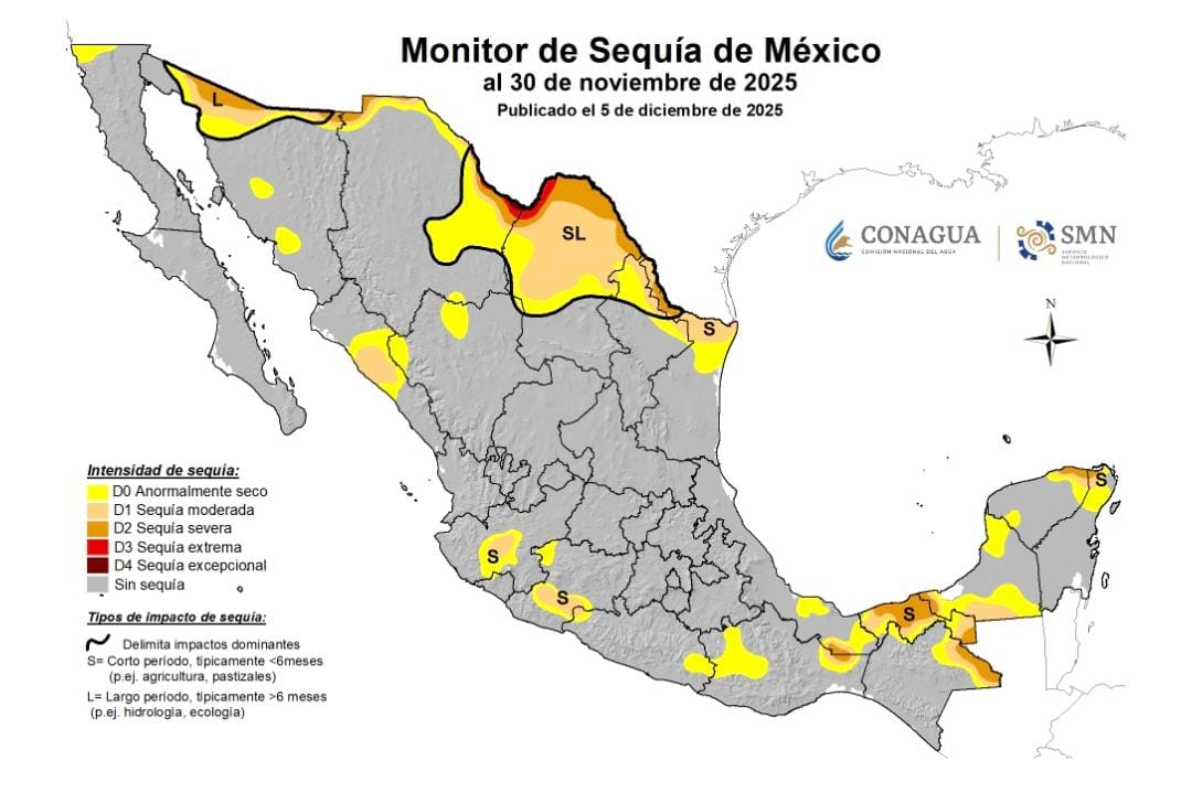 Mapa satelital de la Republica Mexicana proporcionado por la conagua que muestra con colores calidos las zonas mas secas del país y en colores grises las zonas sin sequía