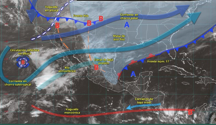 Imagen satelital de México indicando los sistemas meteorológicos activos en México