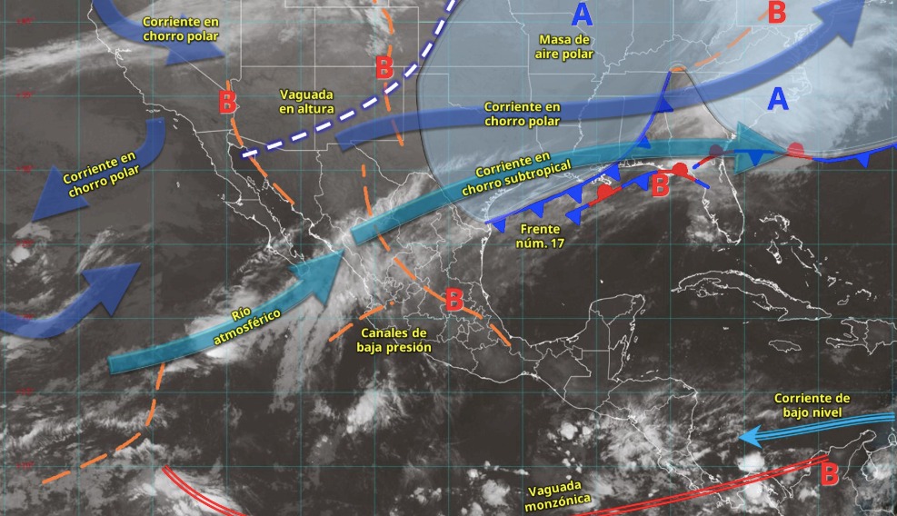 Imagen satelital de México indicando los sistemas meteorológicos activos en México