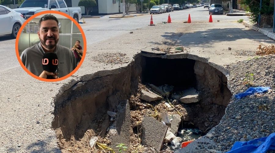 Socavón en la calle Carrasco en Guasave