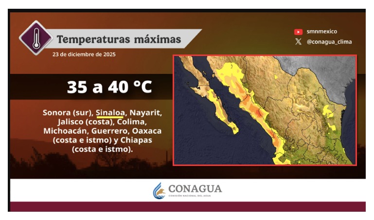 Mapa satelital de México con colores amarillo en diferentes tonos indicando las temperaturas de las zonas