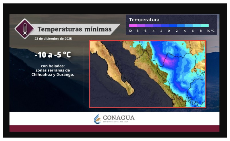 Mapa satelital de México con colores amarillo, azul, rosa y verde indicando las temperaturas de las zonas