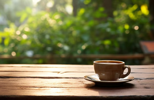 Taza de café sobre una mesa en un día cálido y soleado.