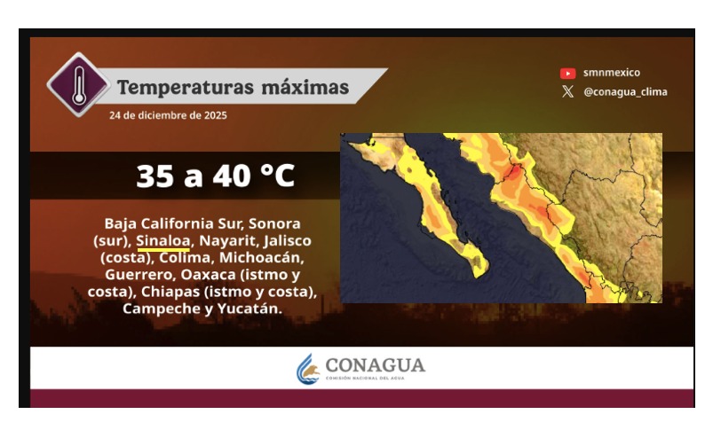 Mapa satelital de México con colores amarillo en diferentes tonos indicando las temperaturas de las zonas