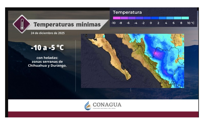 Mapa satelital de México con colores amarillo, azul, rosa y verde indicando las temperaturas de las zonas