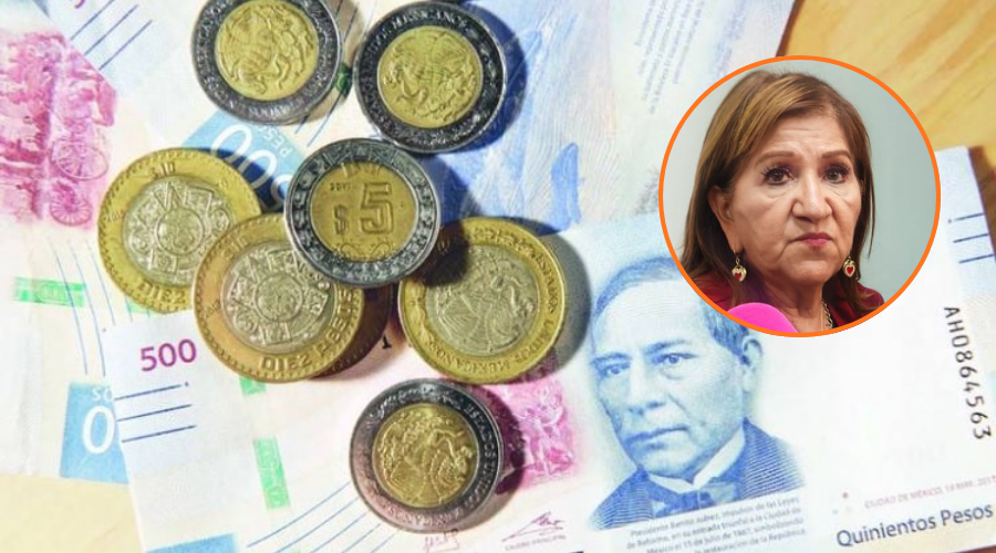 En grande billetes y monedas mexicanas dispersadas sobre una mesa, en un circulo arriba a la derecha Tere Guerra
