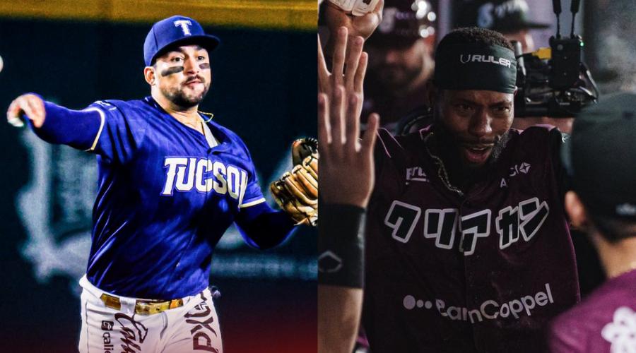 A la derecha un jugador de tucson haciendo la mecánica de lanzamiento y a la derecha un jugador entrando al dugout celebrando con su equipo.