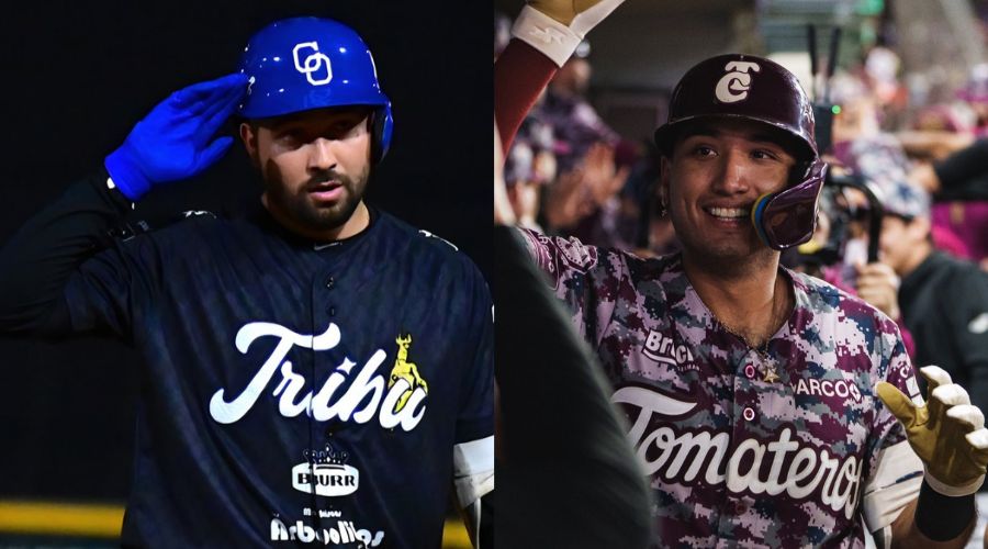 Jugadores de beisbol con sus uniformes, uno de los Yaquis y el otro de Tomateros