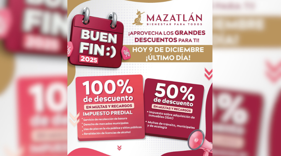 Banner oficial del gobierno de Mazatlán acerca de los descuentos del predial disponibles en el marco del Buen Fin