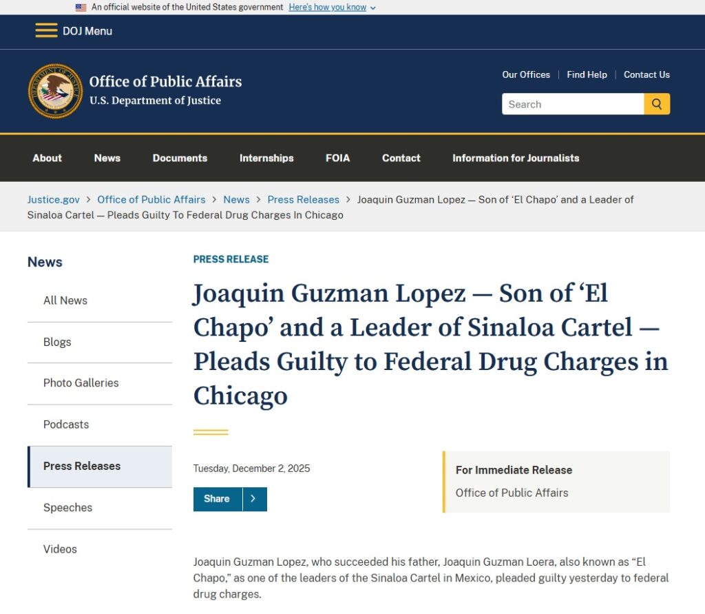 Comunicado de EU sobre Joaquín Guzmán López