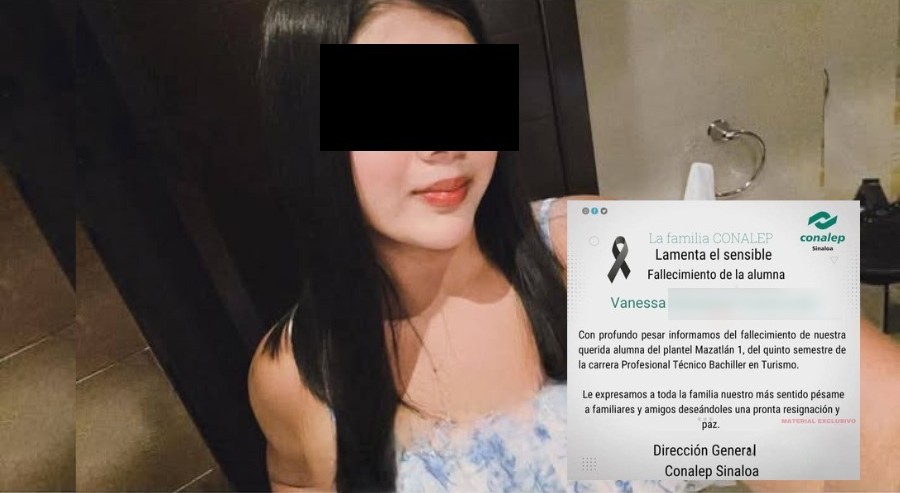 Joven fallecida con cintillo negro en los ojos, a un lado un aviso de Conalep