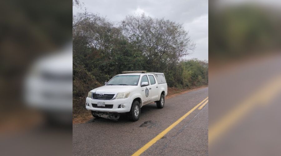Unidad de la FGE en una carretera con matorrales al fondo
