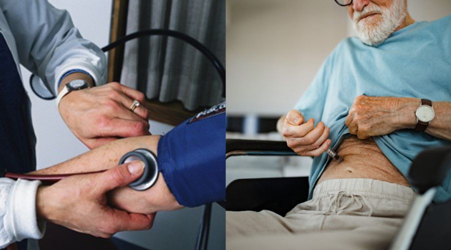 doctor tomando presión en brazo de un adulto mayor (lado izquierdo), adulto mayor en silla de ruedas inyectando en su vientre insulina ( lado derecho)