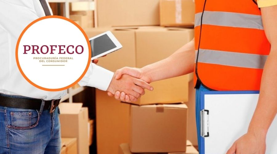 Dos personas juntando sus manos con fondo de cajas y en un círculo el logo de Profeco