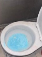 Retrete de baño color blanco con sustancia azul