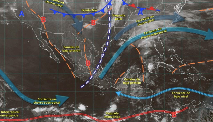 Imagen satelital de México indicando los sistemas meteorológicos activos en México
