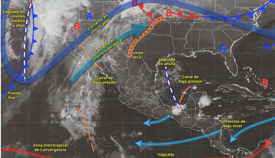 Imagen satelital de México indicando los sistemas meteorológicos activos en México