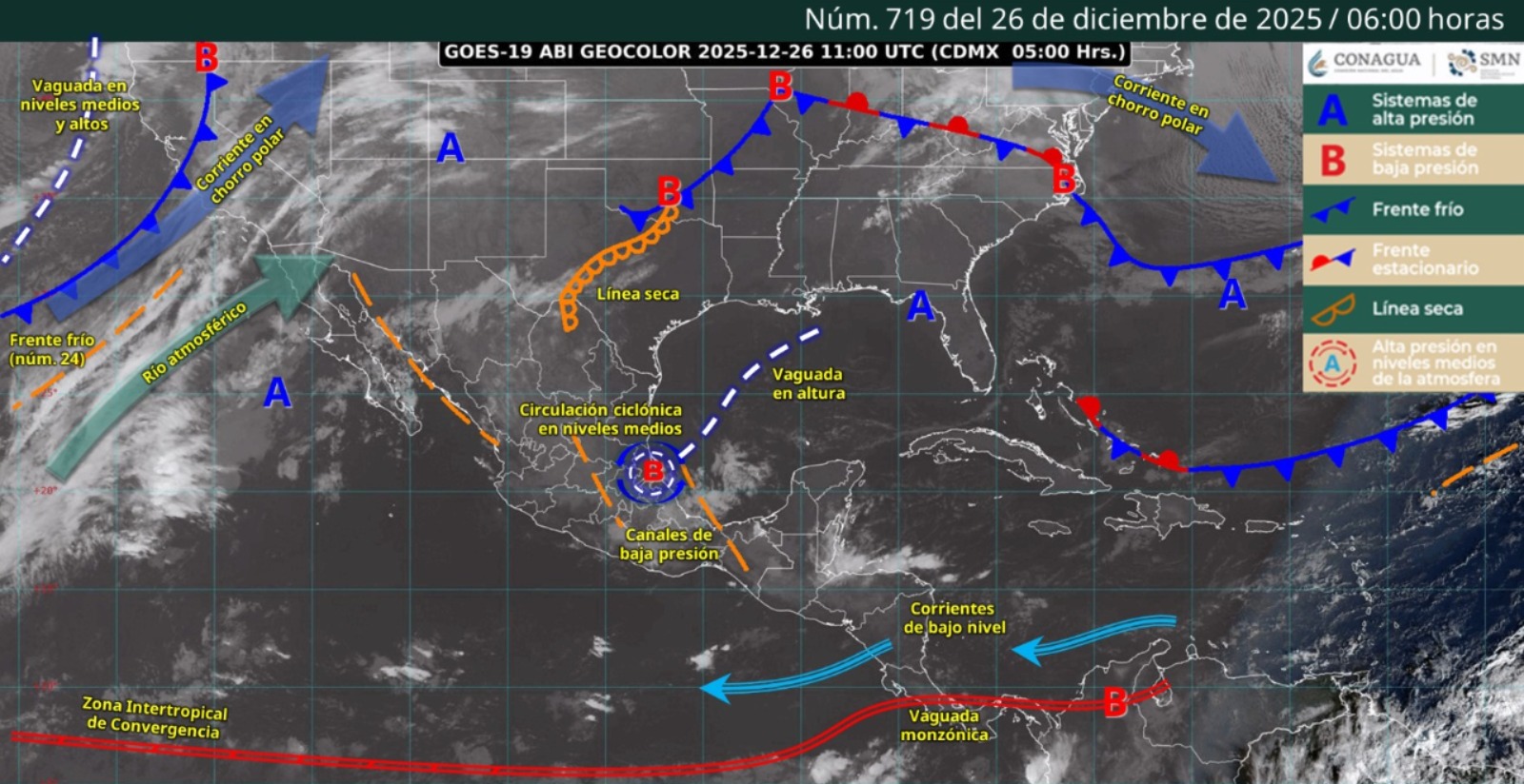 Imagen satelital de México indicando los sistemas meteorológicos activos en México