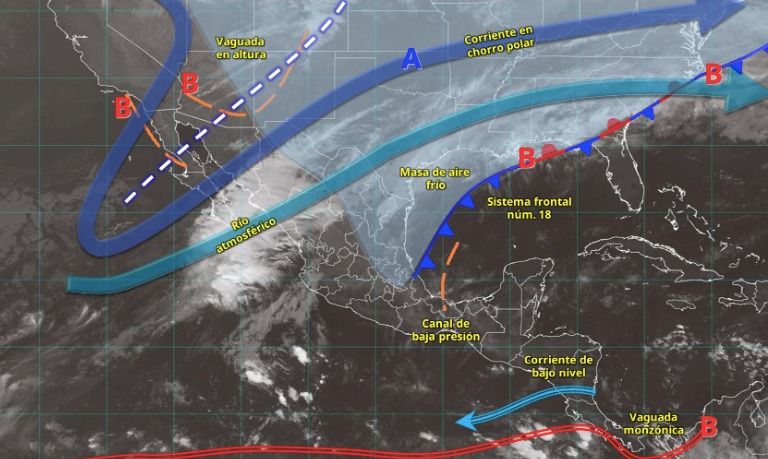 Imagen satelital de México indicando los sistemas meteorológicos activos en México
