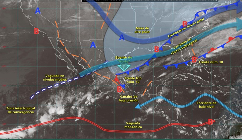 Imagen satelital de México indicando los sistemas meteorológicos activos en México
