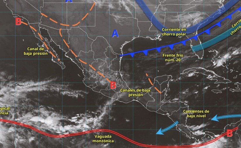 Imagen satelital de México indicando los sistemas meteorológicos activos en México