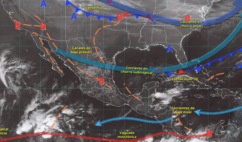 Imagen satelital de México indicando los sistemas meteorológicos activos en México
