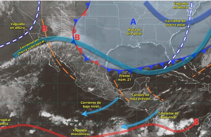 Imagen satelital de México indicando los sistemas meteorológicos activos en México