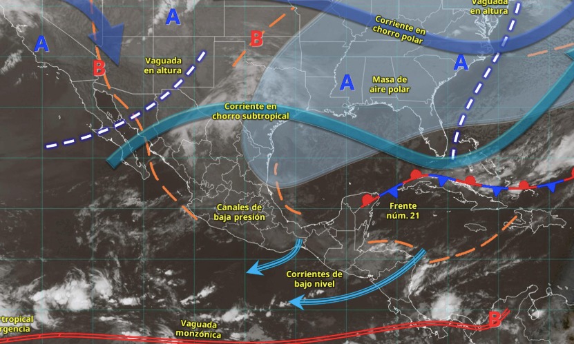 Imagen satelital de México indicando los sistemas meteorológicos activos en México