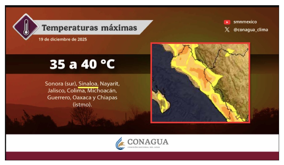 Mapa satelital de Sinaloa en colores amarillo/naranja indicando las temperaturas máximas