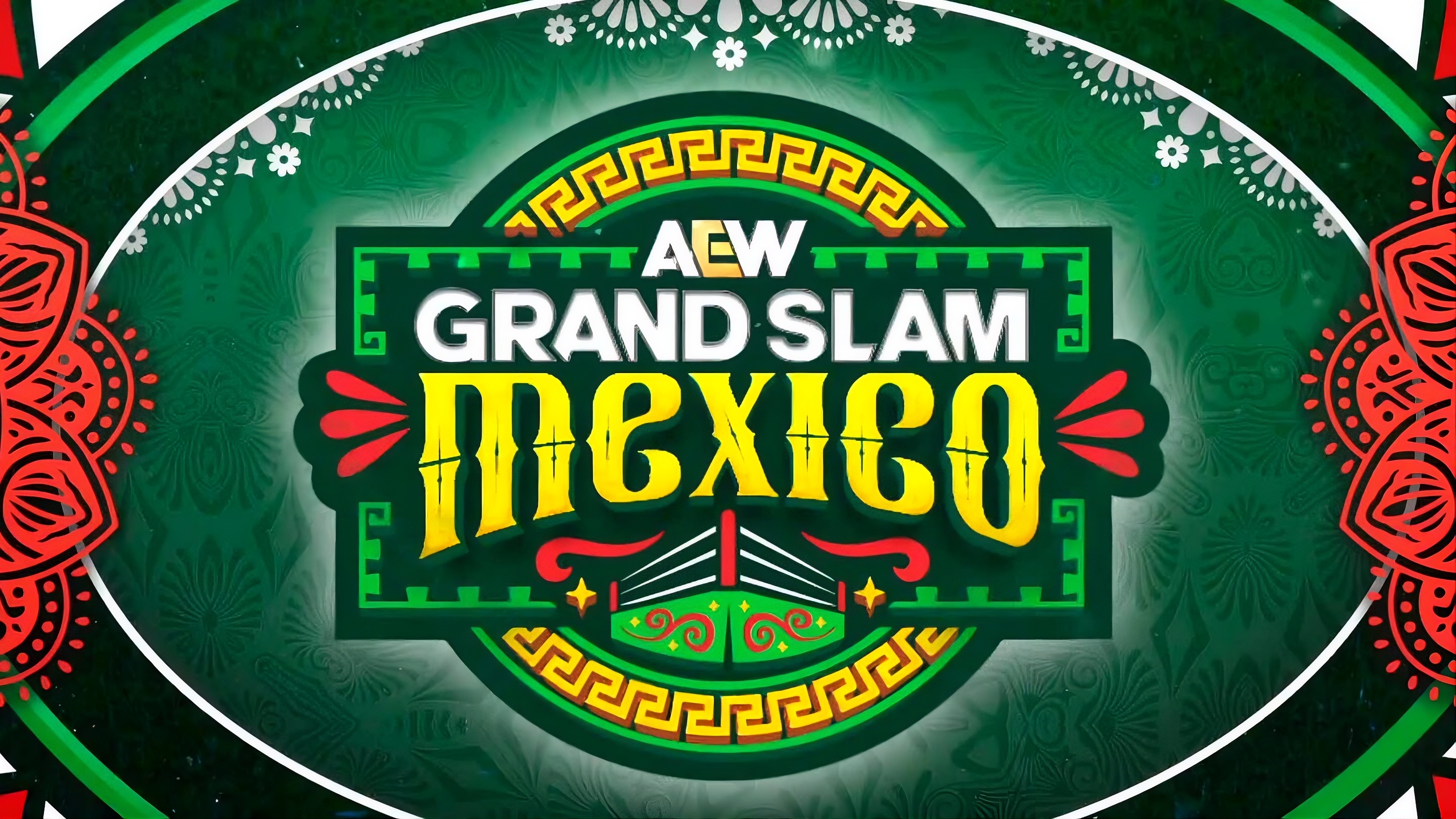 Flyer de un evento de lucha libre de AEW en México con colores verde, rojo y amarillo