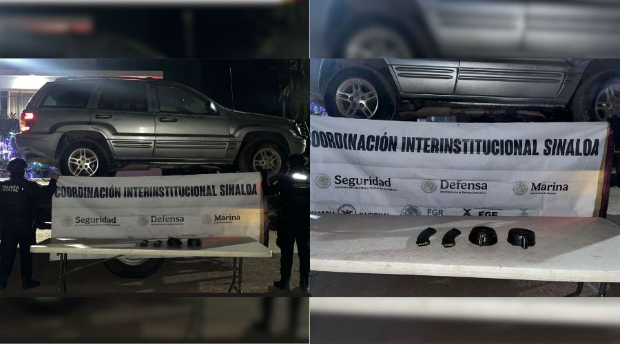 Foto de una camioneta arriba de una grúa y en la siguiente imagen se observa una mesa con cargadores de arma, en ambas fotos aparece una lona