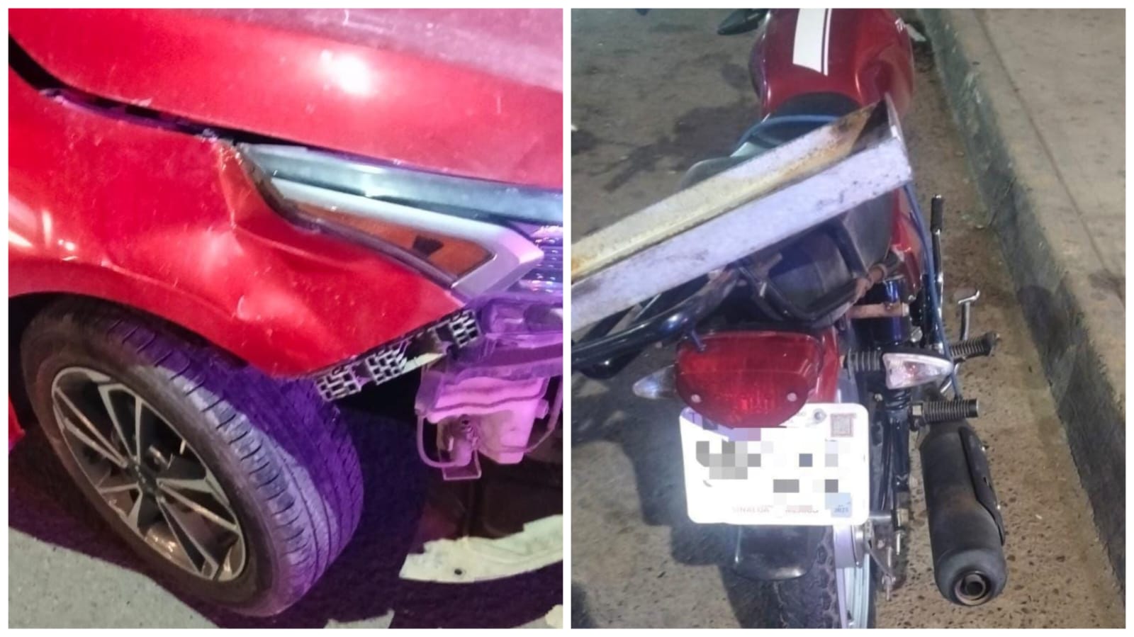 Auto y motocicleta dañados por colisión