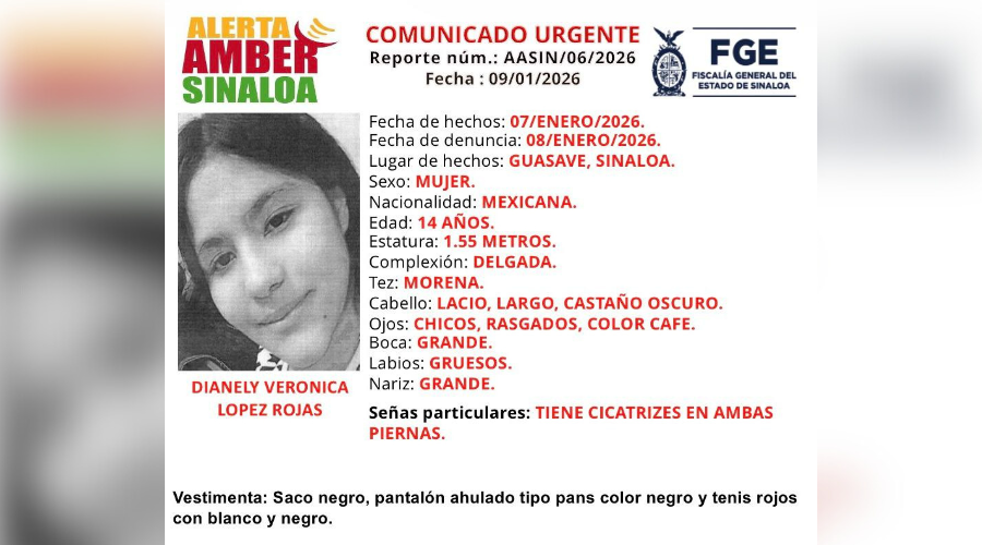 Ficha de búsqueda de Alerta Amber para localizar a Dianely Verónica