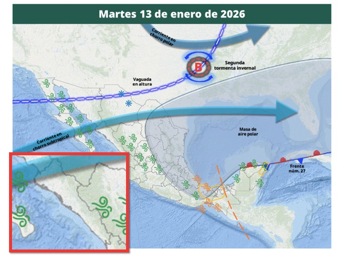 Imagen satelital de México con flechas e íconos de viento que representa la probabilidad de tormentas